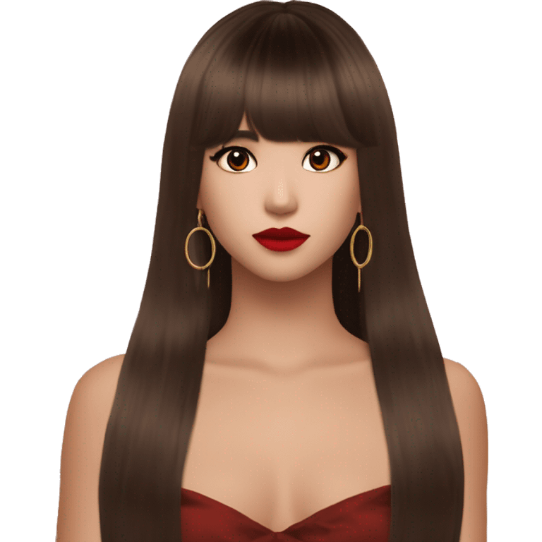 pretty girl with hair reaching below armpits with curtain side bangs styled like Lalisa Style hair during Rockstar MV, brown eyes, red lips, dark chocolate brown hair, hoop earrings  emoji