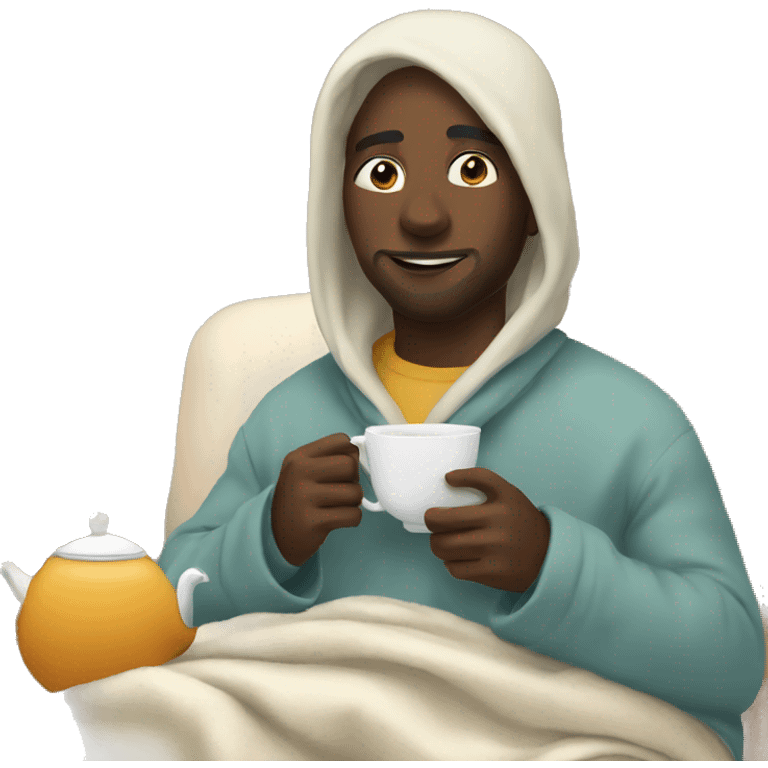 Black man cozy in blanket drinking tea emoji