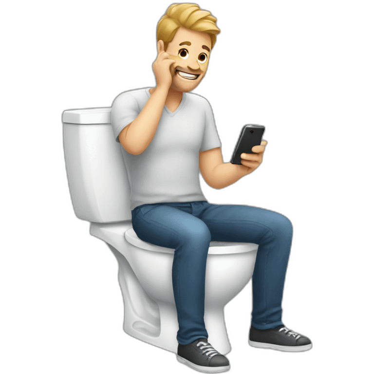 Man sitting on toilet with phone emoji