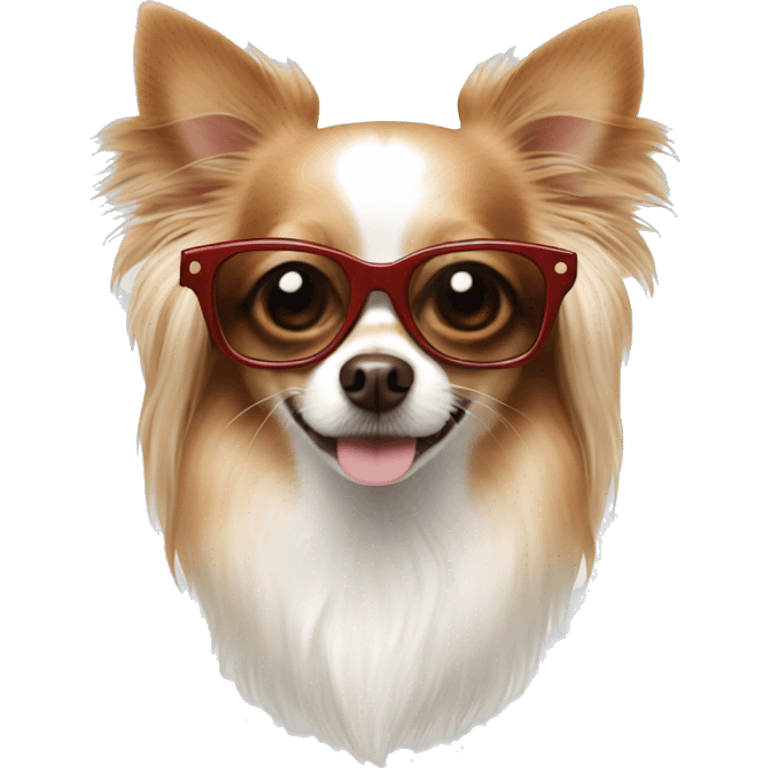 Long haired chihuahua white with reddish brown with sunglasses emoji