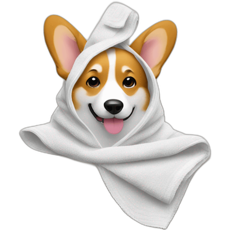 Corgi on the couch with the towel on the head emoji