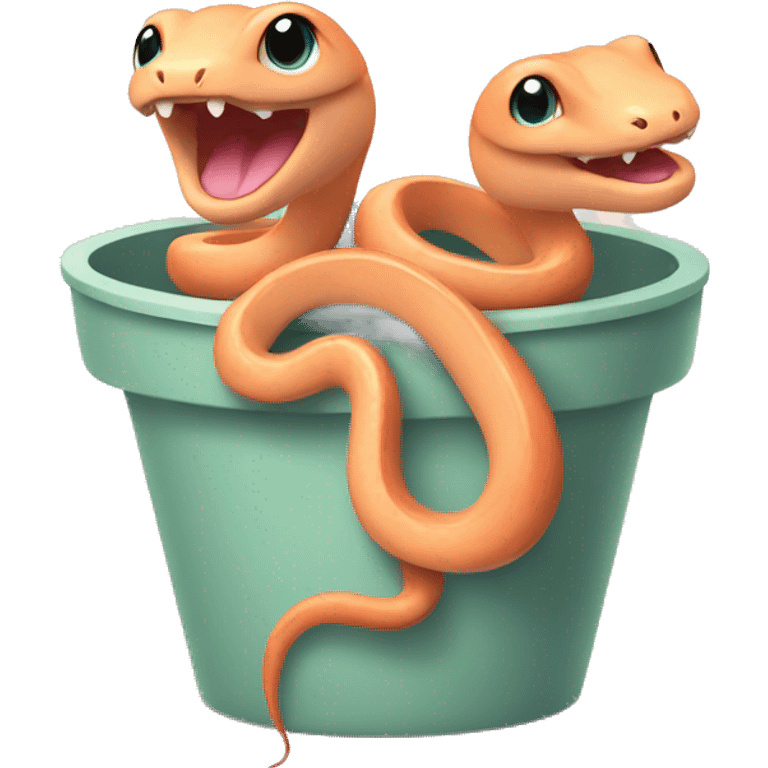 2 baby peach colored snakes, sitting together inside an empty flower pot  emoji