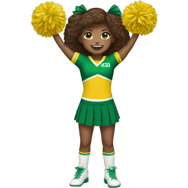 Cheerleader cheering with green and yellow uniform and poms emoji