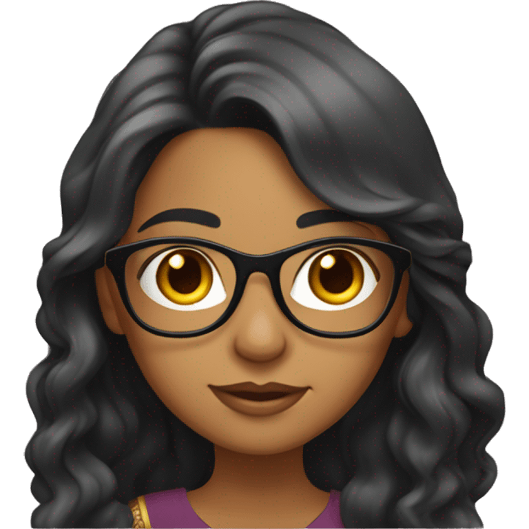 Indian girl with long wavy black hair, medium skin, and gold rimmed glasses emoji