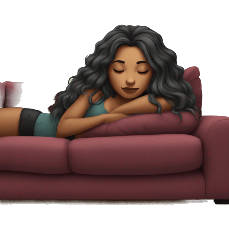 Beautiful tattooed burgundy long haired woman napping on sofa emoji