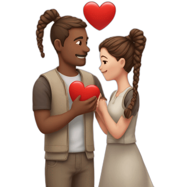 Man loves woman with pigtails, heart between them emoji