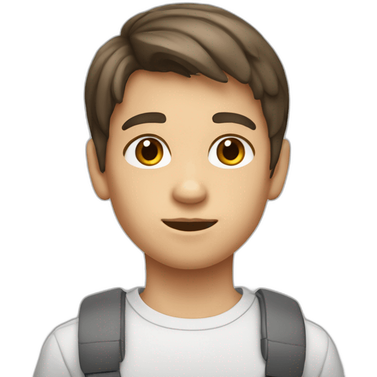 a 12-year-old boy with brown hair and gray eyes works at a PC emoji