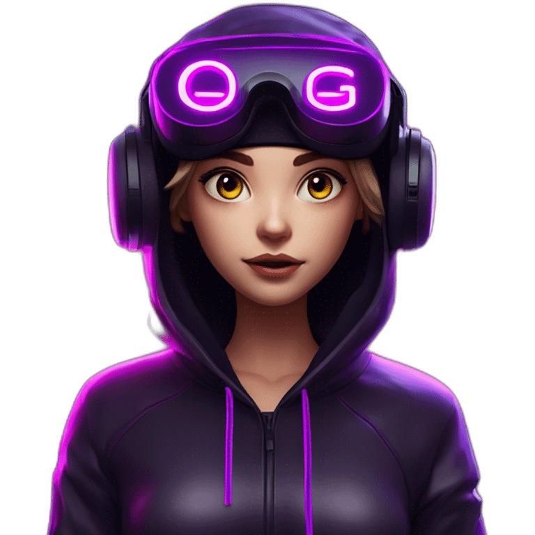 Create a 3D model of a Russian girl wearing a black hoodie with "OMG" letters on it and VR headset in a cyberpunk VR environment with violet neon lighting. emoji