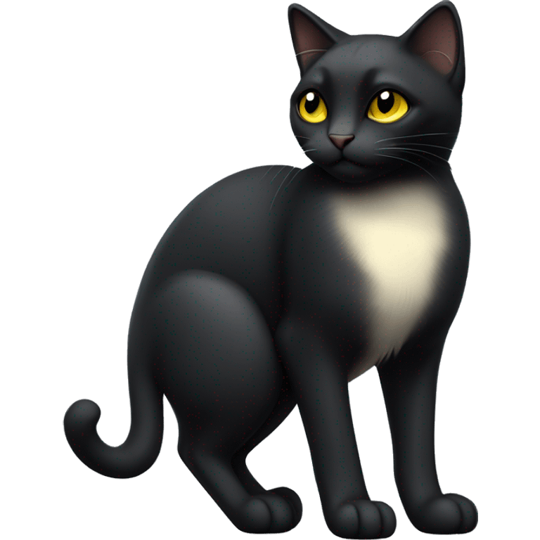 Petite black cat, short sleek fur, light yellow eyes, with small black ear tufts, sitting in a relaxed pose, full body view emoji