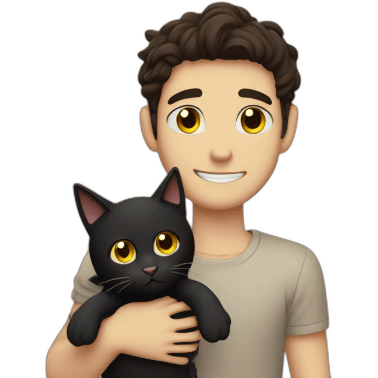 Guy with dark brown hair curtains  hairstyle and brown eyes hugs a black cat with yellow eyes emoji