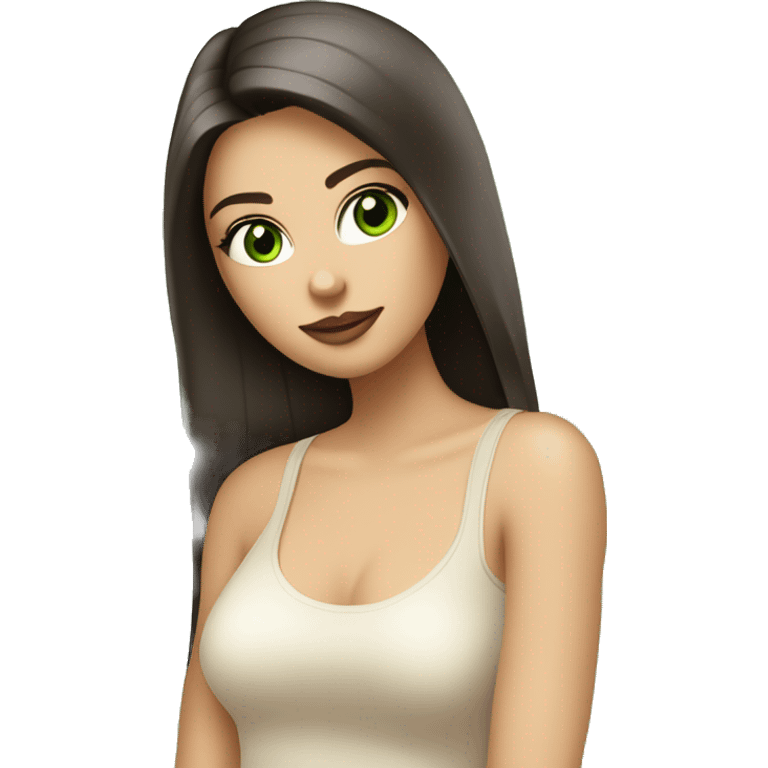 beautiful girl with long straight shiny dark brown hair, big green eyes and big pale pink lips. Wearing a cream tank top emoji