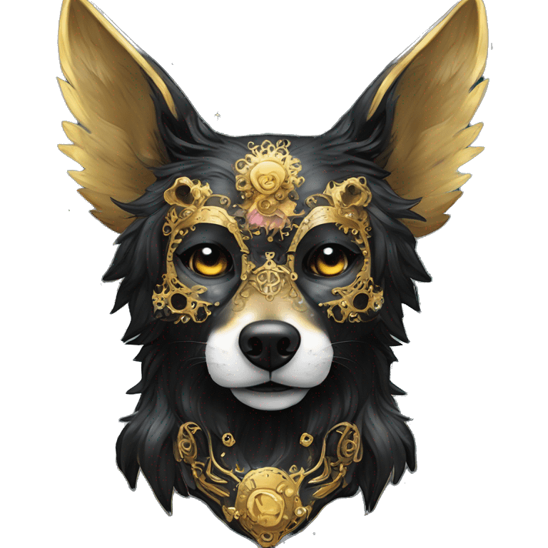 Black iridescent fluffy dog fox head skull zombie skull skeleton gold mechanical steampunk raven wings nebula galaxy stars colorful flowers fairy lights vintage emoji