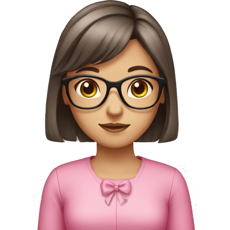 girl with glasses, dark brown hair, bangs, pink bow, pink clothes emoji