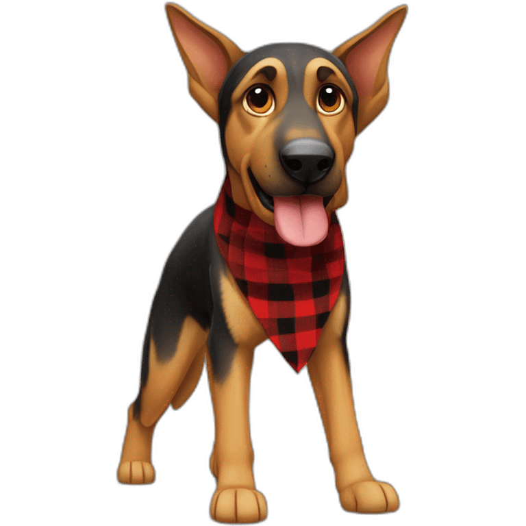 adult 75% Coonhound 25% German Shepherd mix dog with visible tail wearing small pointed red buffalo plaid bandana full body walking left quickly emoji