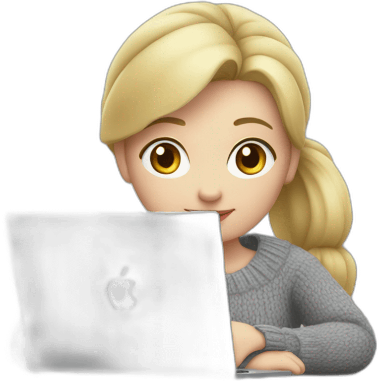 Woman with pale skin, short blonde ponytail and gray sweater sitting at table with Apple laptop emoji