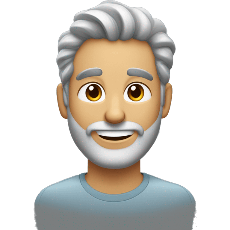 hombre calvo con cabello gris en los costados, cejas tupidas, barba corta y gris, y una expresión sonriente que muestre dientes blancos. El emoji debe transmitir calidez y amabilidad. emoji