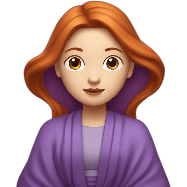 redhead white woman long medium straight hair, meditating on a violet blanket emoji