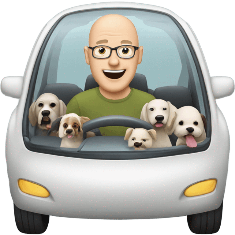 A bald man in his 50s driving a Prius filled with a bunch of dogs sticking their heads out of the windows emoji