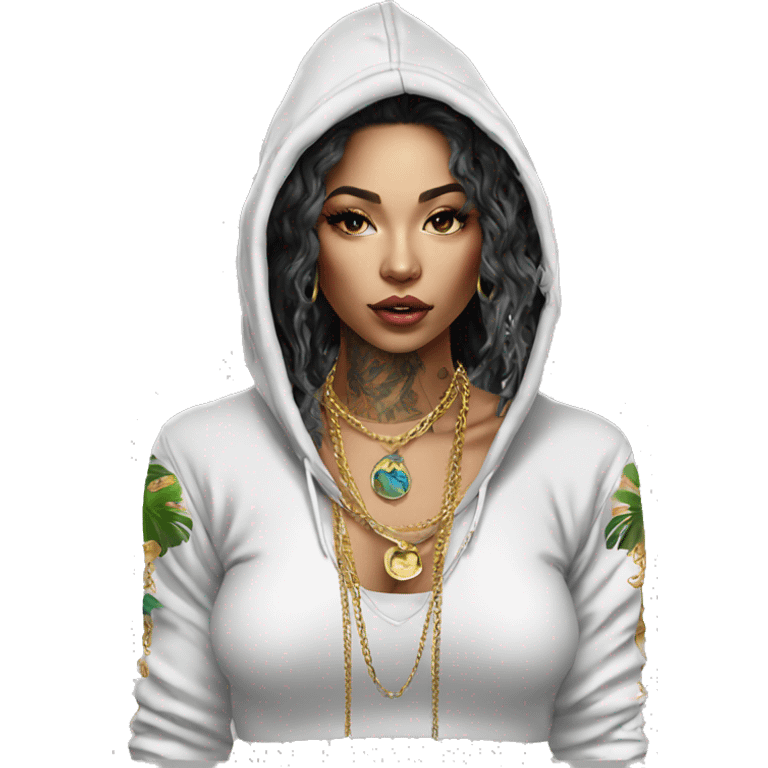 Trendy lady tropical baroque hoodie with tattoos and gold chain emoji