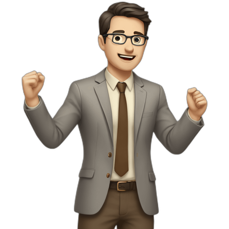 To belt Actively gesturing with hands Pale skinned fit man teacher with dark brown hair in gray jacket, beige office shirt, brown tie, brown pants and vintage glasses. emoji