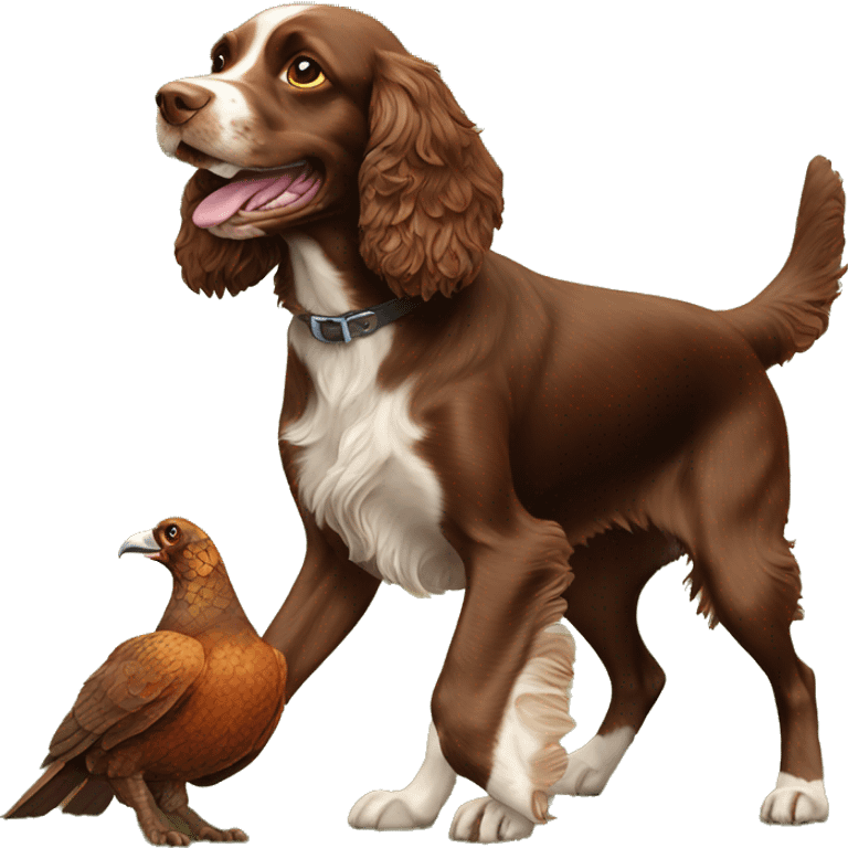 happy all-brown spaniel dog playing with a pheasant emoji