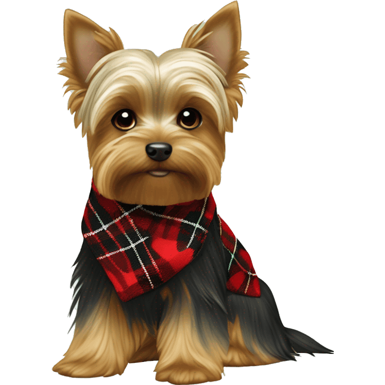 brown and white BOY yorkie with a red and black plaid sweater the a name tag bruno with a green christmas bandana around the neck emoji