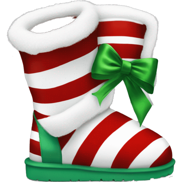 Realistic red and white striped fur Ugg boots with green silk ribbon bows. emoji