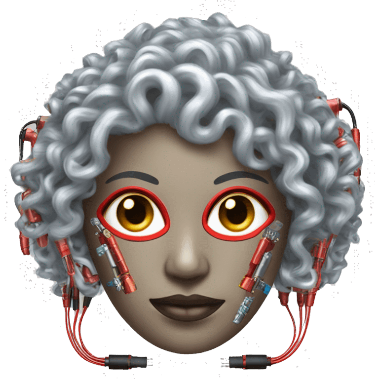 Silver curly hair female cyborg head with red mask and circuits emoji