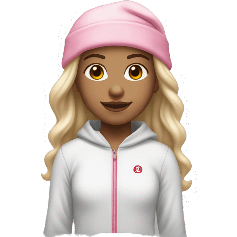 white raced, blonde hair with middle part, girl, long sleeve white lululemon shirt,  grey sweat pants, and a pink santa hat emoji