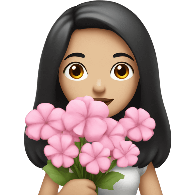 Pale girl with black hair and brown eyes and pink lips carrying a pink flower bouquet and has a friendly face  emoji