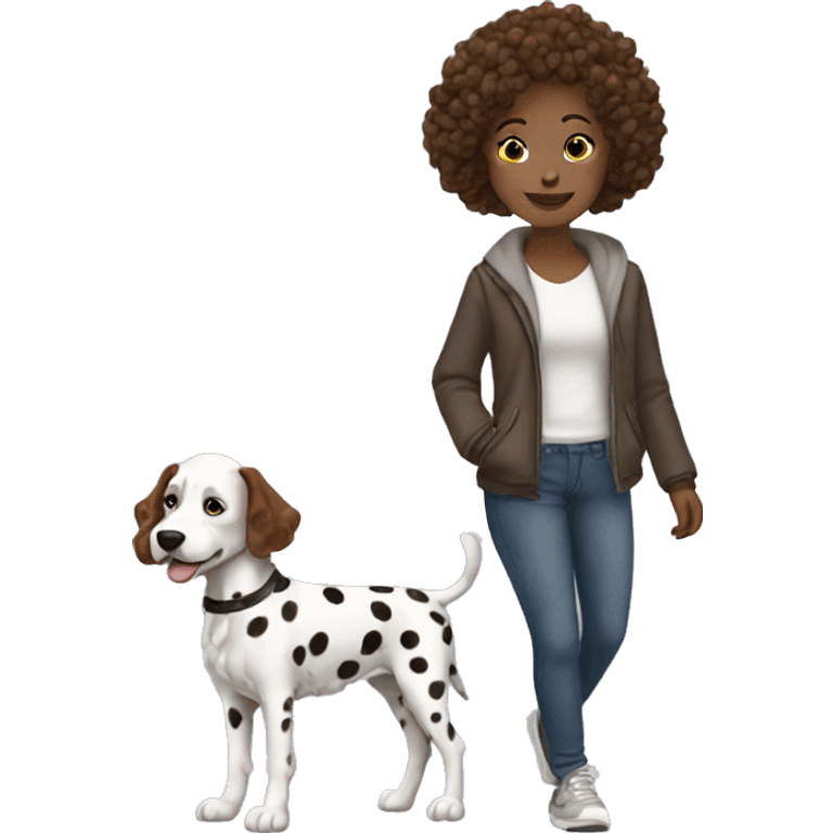 White girl with brown curly hair is walking dalmatian dog  emoji