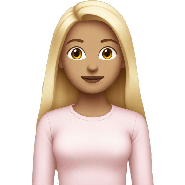 blonde straight hair girl , white race, wearing a tight light pink  long sleeve shirt, middle part for hair emoji