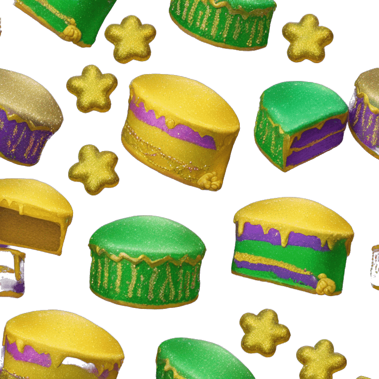 Realistic glitter icing king cake isolated with Mardi Gras beads layer across the top of the cake.  emoji