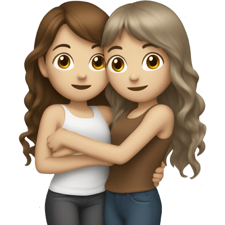 Two girls with white skin hugging. one has long wavy brown hair and the other has long straight brown hair with bangs. emoji