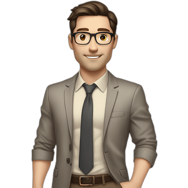 Pale skinned fit man with dark brown hair in gray jacket, beige office shirt, brown tie, brown pants and vintage glasses Writing on the marker board emoji