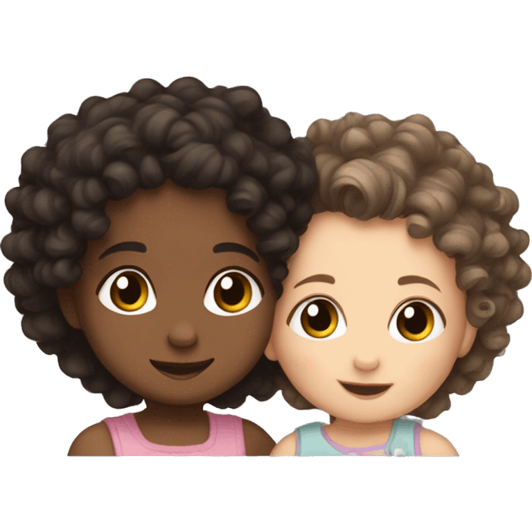 white baby with curly hair and dark-haired baby with curly hair hugging each other emoji