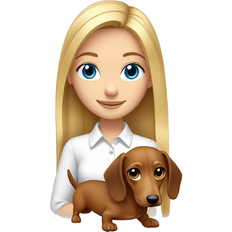 a blonde girl with medium straight hair and blue eyes wearing white shirt and holding her brown dachshund emoji