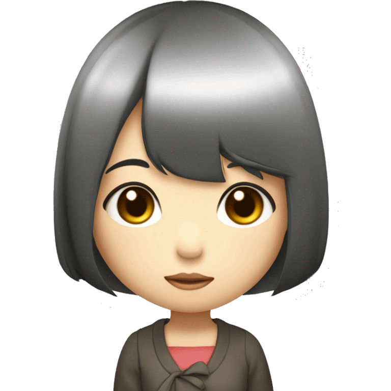 a cute Japanese little girl, with a straight-bob black hair, puffed cute face, her hands touching her left cheek, sad face looking down thinkig emoji