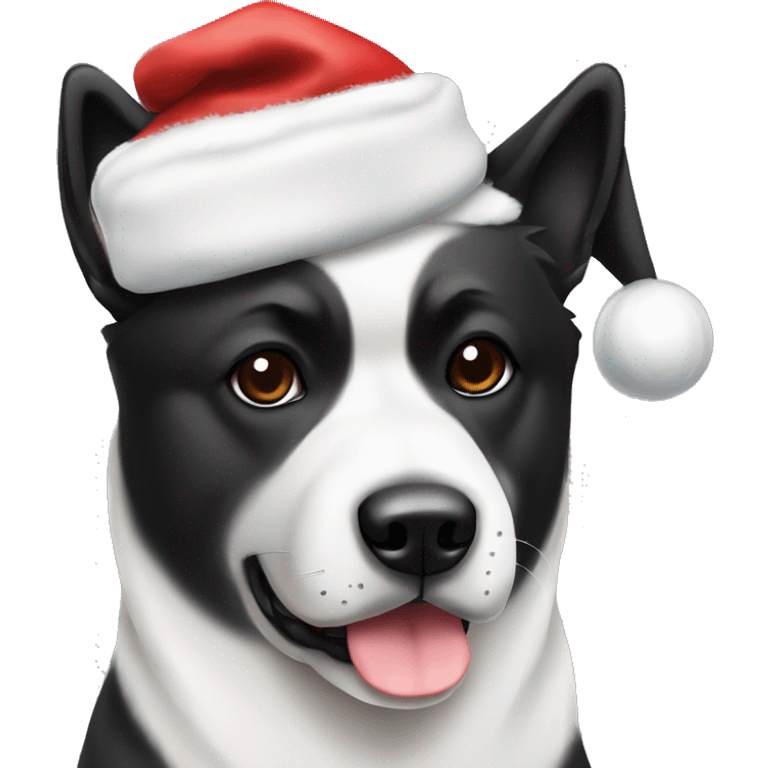 American akita white and black dog wearing a Christmas hat emoji