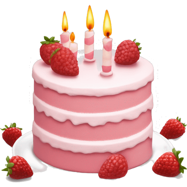 light pink and white cake on white colored plate with raspberries and strawberries and candles emoji