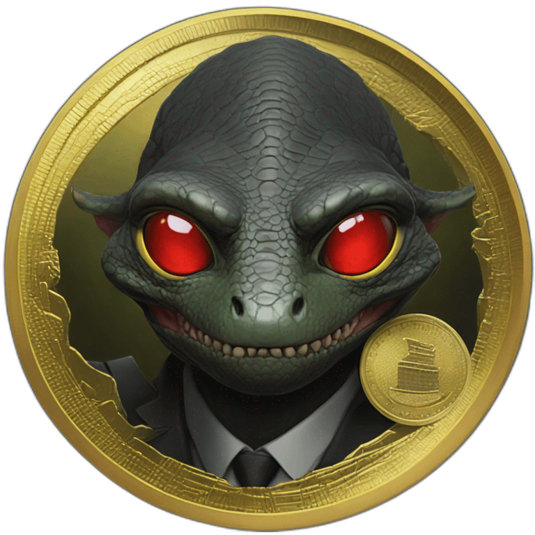 Reptilian with red laser eyes in black suite on the golden coin emoji