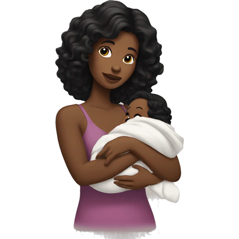 White woman with wavy black hair holding baby girl  emoji