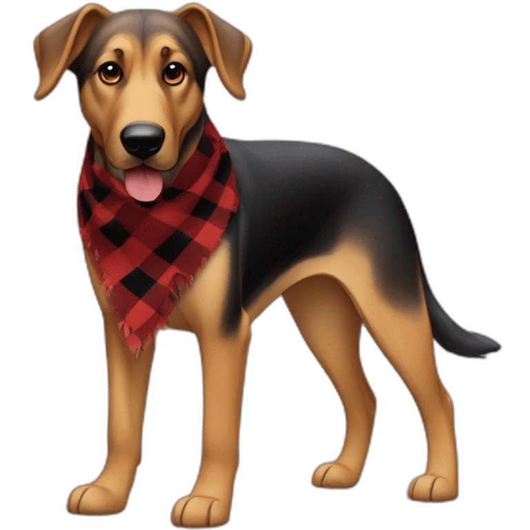 adult 75% Coonhound 25% German Shepherd mix dog with visible tail wearing small pointed red buffalo plaid bandana full body walking left quickly emoji