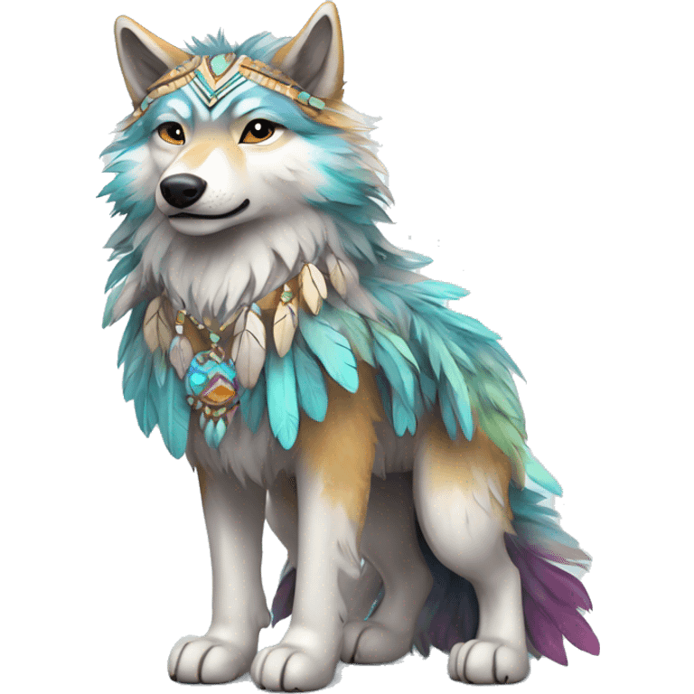 Fluffy Shy Colorful Spiritual Shamanic Wolf With Shiny Tribal Markings wearing feathers Full Body emoji