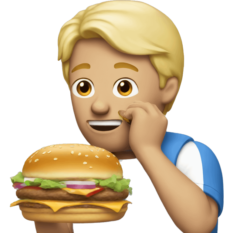 Man with blonde hair eating burger and pizza emoji