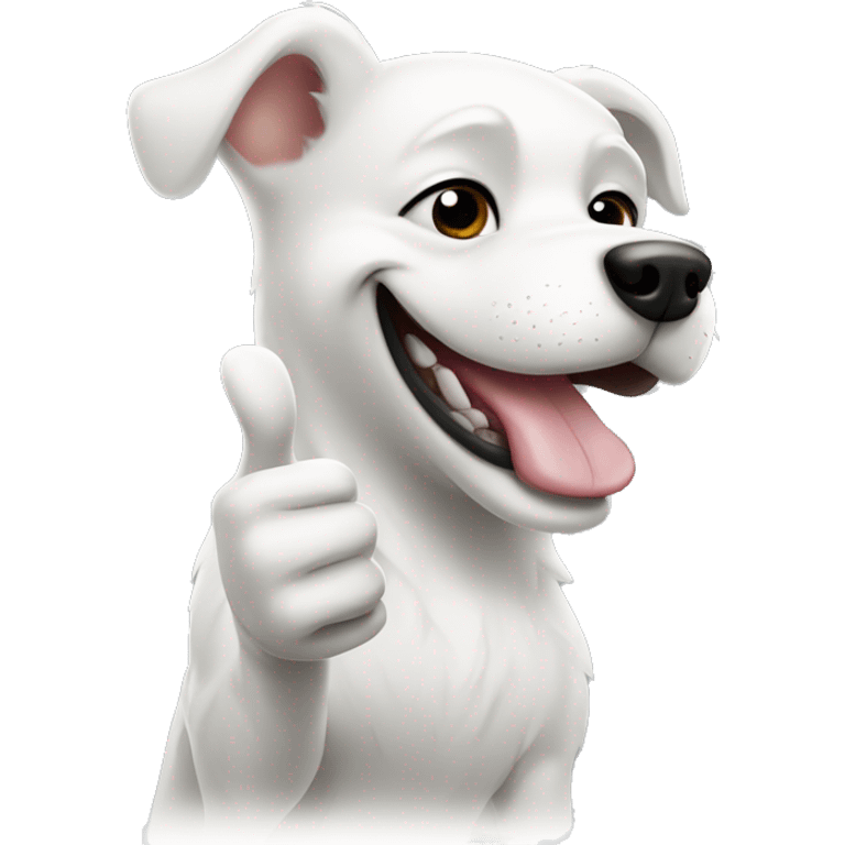 white dog with black spots smiling and giving a thumbs up emoji