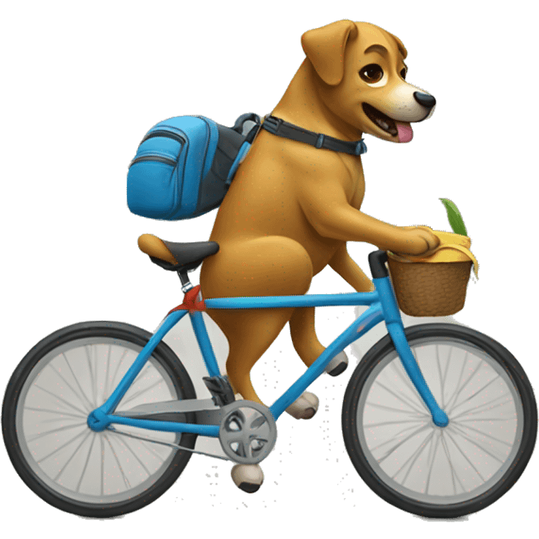 A dog is riding a bicycle and wearing a backpack. emoji