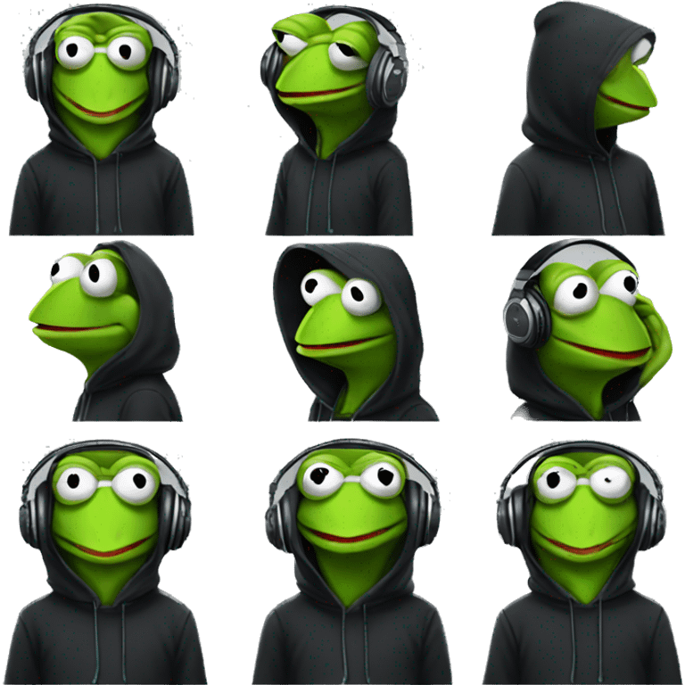 kermit the frog wearing a black hoodie and headphones, looking like a hacker emoji