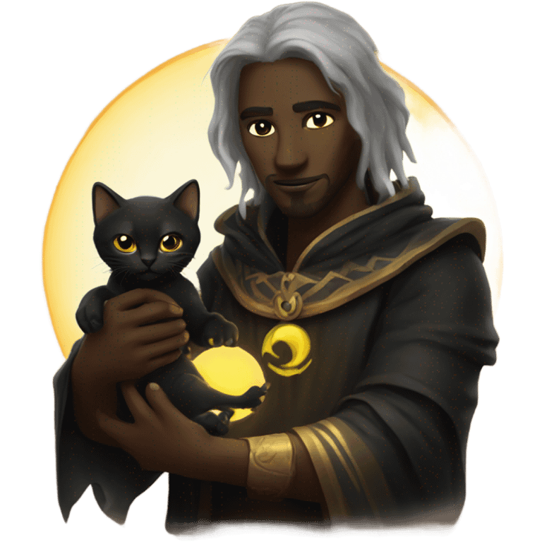 A sun warlock who is holding a black kitten emoji