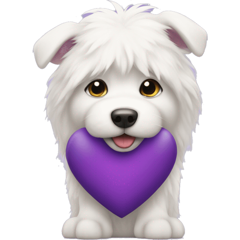 White furry dog with purple heart emoji